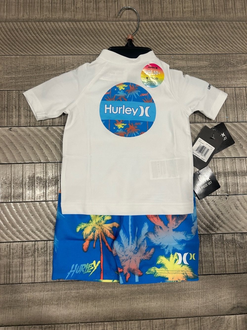 Hurley White Short-Sleeve Rashguard with Blue Tropical Swim Shorts